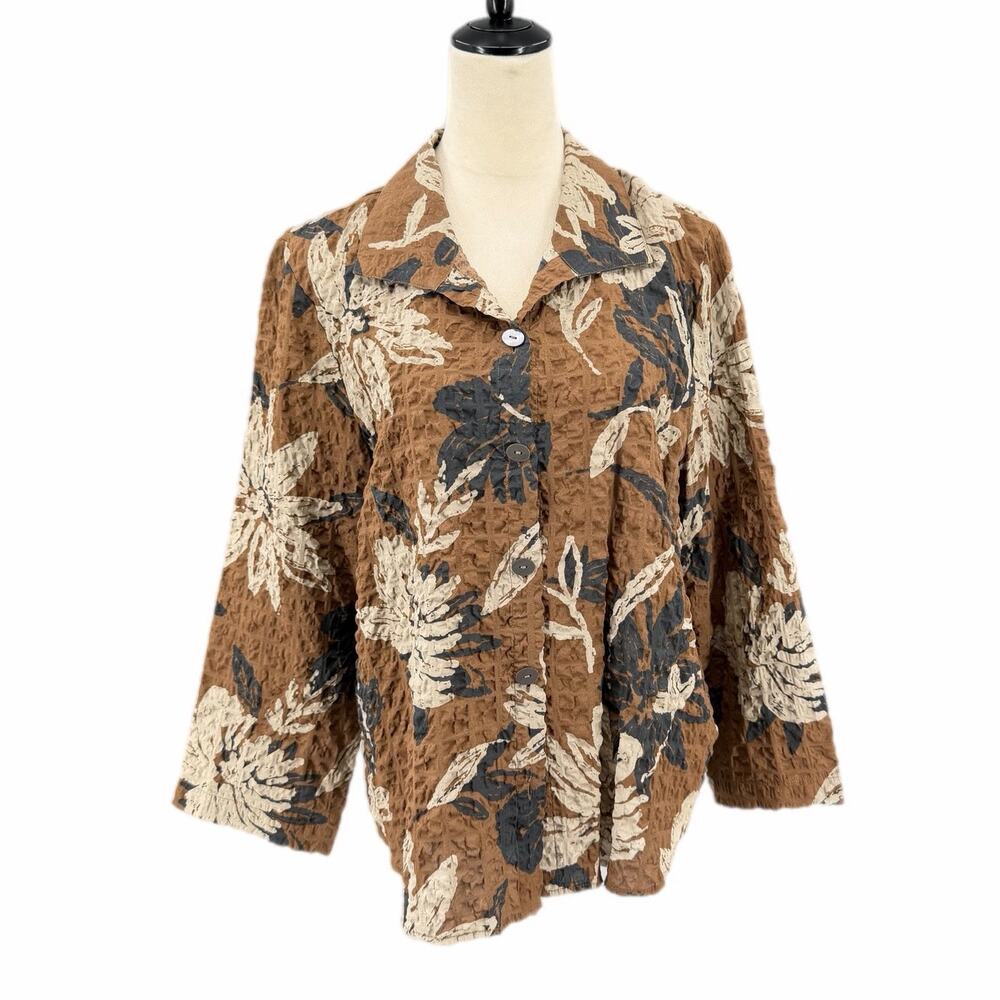 Habitat Brown Tropical Floral Botanical Crinkle Texture Lightweight Casual Top